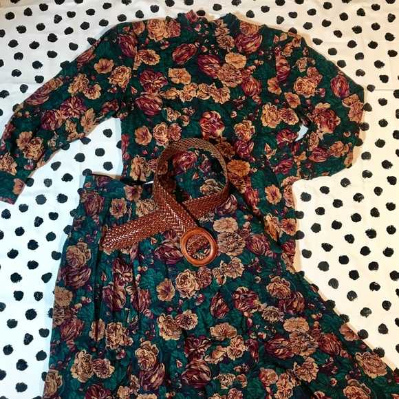VINTANGE Floral 80's 2pc Skirt & Blouse Set/ Dress - Picture 2 of 8